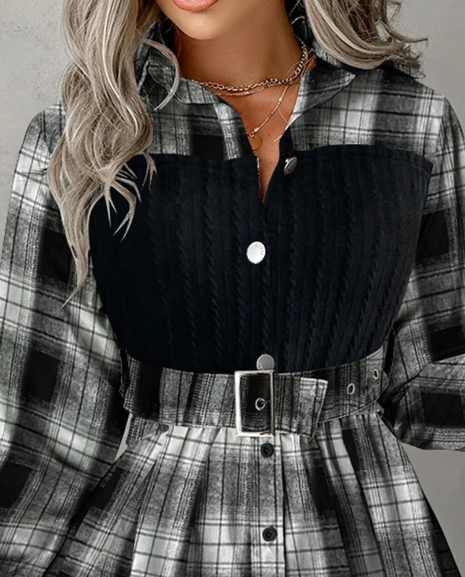 2023 Autumn Winter Spring New Fashion Casual Plaid Print Patchwork Belted Buttoned Shirt Dresses for Women Elegant