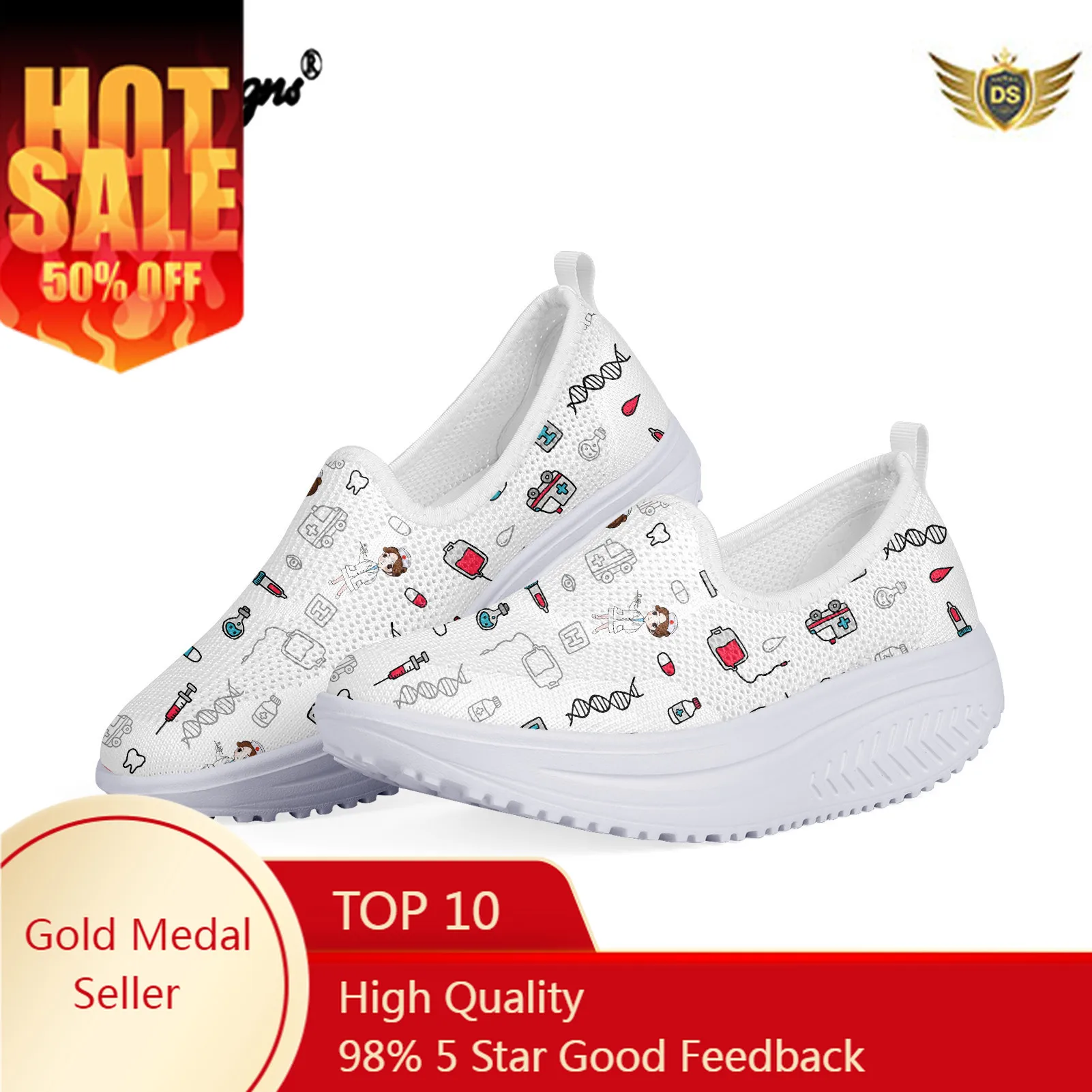 

Women Comfortable Slip On Mesh Shoes Doodle Medical Nurse Platform Sneakers New Height Increasing Swing Shoes