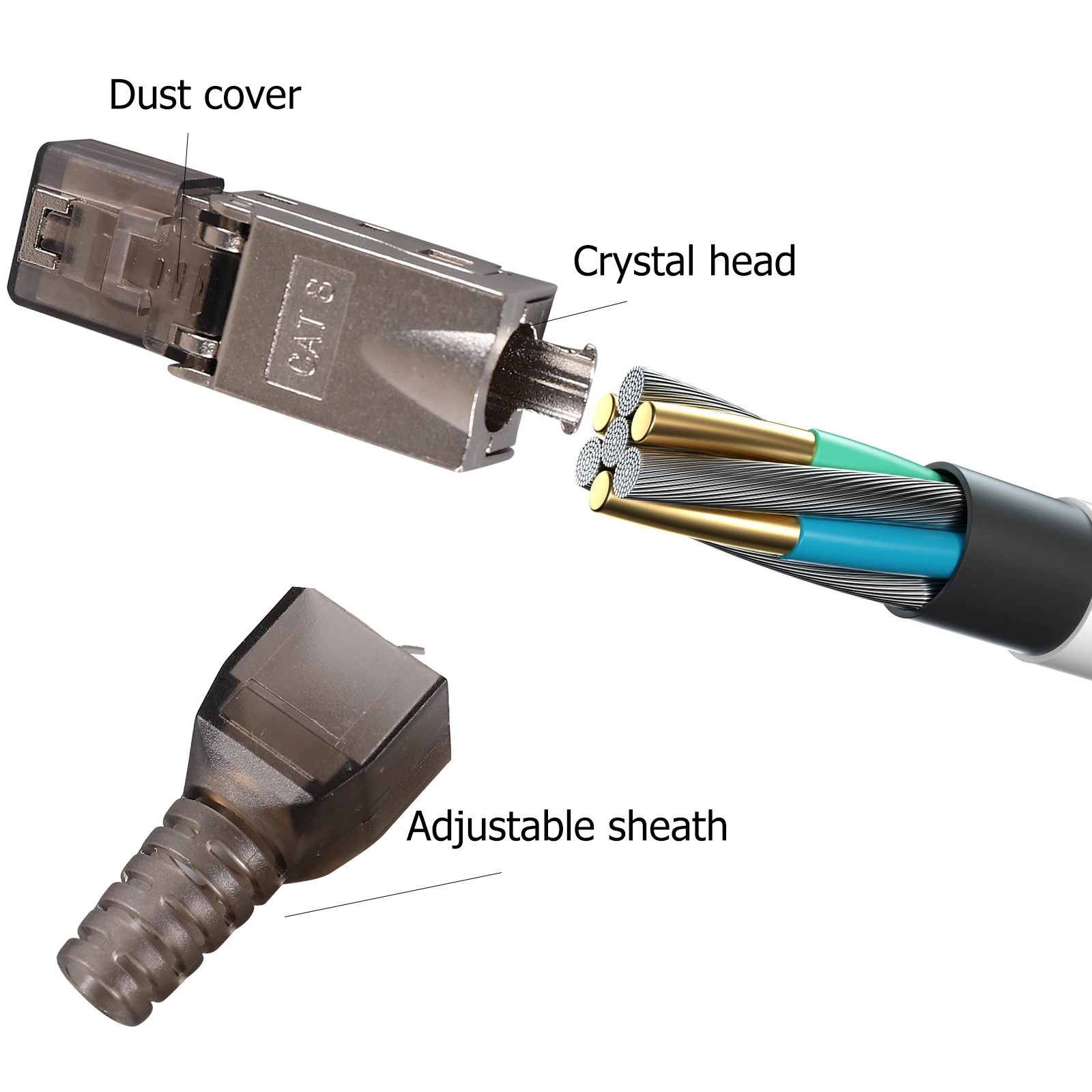

Tool Free Modular Connectors Cat8 Ethernet Plugs Shielded Gold Plated Network Cable End Crimp Zinc Alloy Compatible