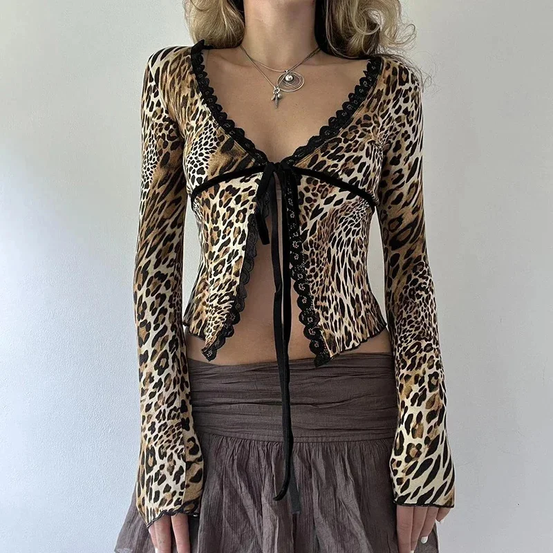 Женские сексуальные кардиганы с леопардовым принтом и длинными рукавами, кружевные лоскутные рубашки с v-образным вырезом, винтажные коричневые облегающие топы, уличные футболки