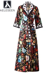 AELESEEN Vintage Long Shirt Dress Women Sicilian Half Sleeve Turn-down Collar Shell Dots Starfish Print Belt Single-breasted