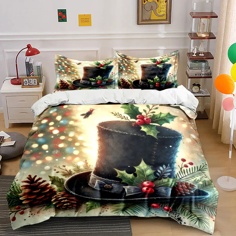 Festive Top Hat with Merry Christmas Background Print Duvet Cover Bedding Set Included 1*Duvet Cover 2*Pillowcases