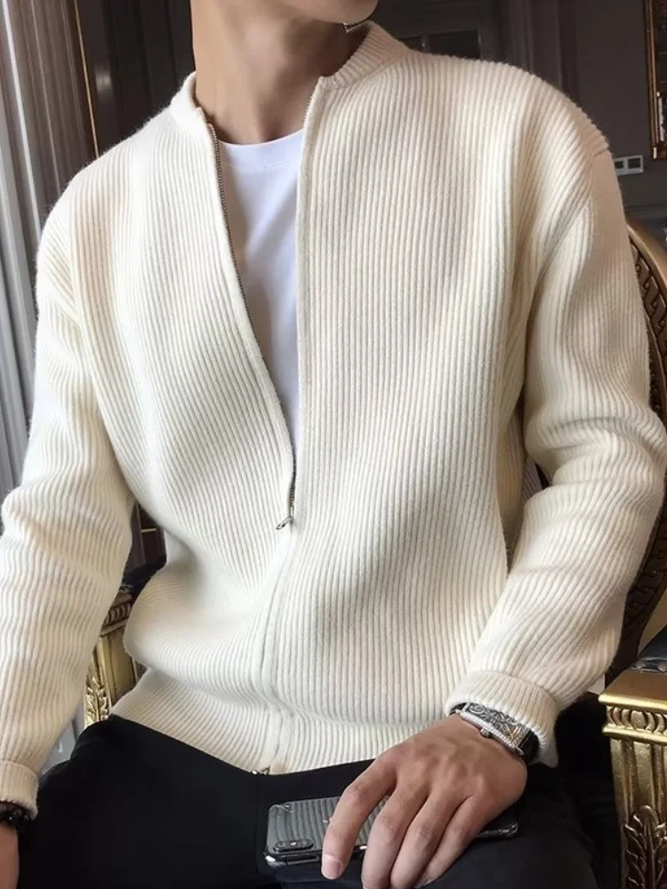 Business Solid Color Knitting Cardigan For Men Autumn Winter New Warm Slim Fit Sweater Jacket Outerwear