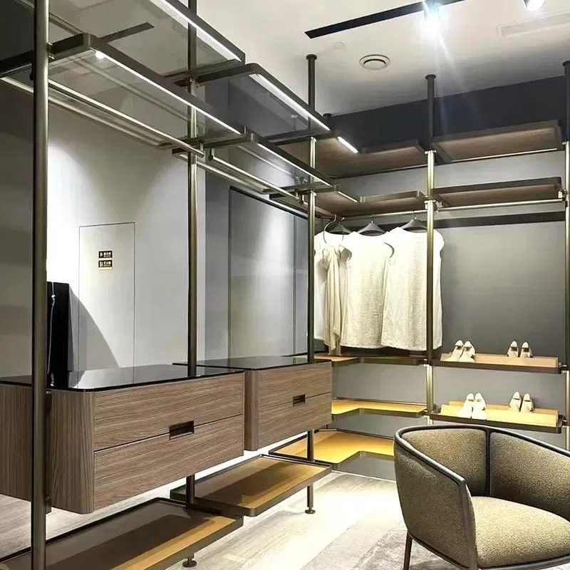 Modern Retractable Wardrobe Black Grey Aluminum Steel Tube Glass Shelf Simple Open Closet Light Pole for Bedroom Apartment