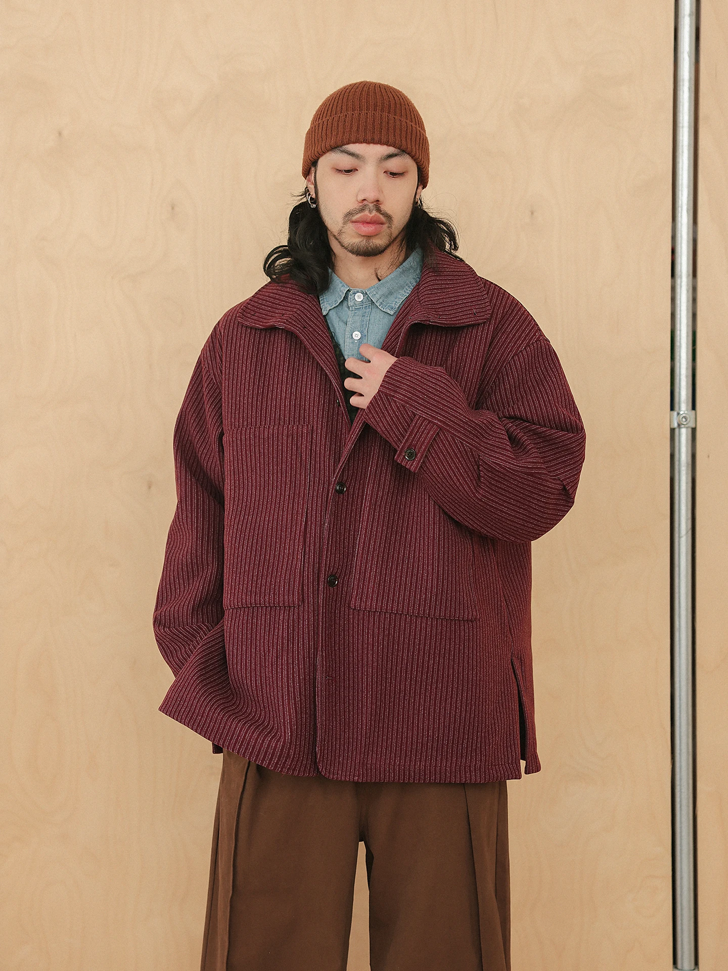 

Красное шерстяное пальто с полосками в китайском стиле на Новый год, свободного кроя, с хлопковой подкладкой, в стиле ретро, японский фасон, с длинными рукавами, стандартной длины