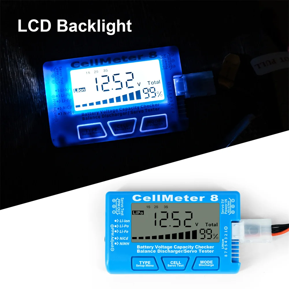 LCD Digital Battery Capacity Checker CellMeter RC CellMeter7/CellMeter8 2-8S 4-8S Servo LiPo Li-lon NiMH Battery Tester