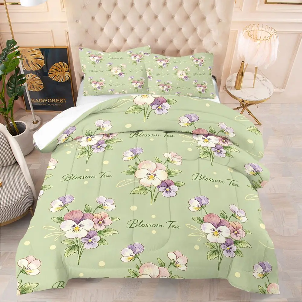 Fresh Light Green Pansy Floral Digital Print Comforter Set Quilt Bedding Set Pillowcase Cottage Guest Room Decor