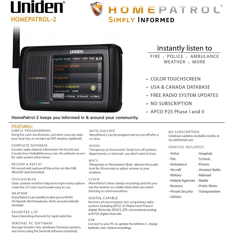 Uniden HomePatrol-2 컬러 터치스크린 스캐너, 트렁크 트래커 V, S, A, M, E, APCO P25, 비상 경보, 미국 및 캐나다 커버