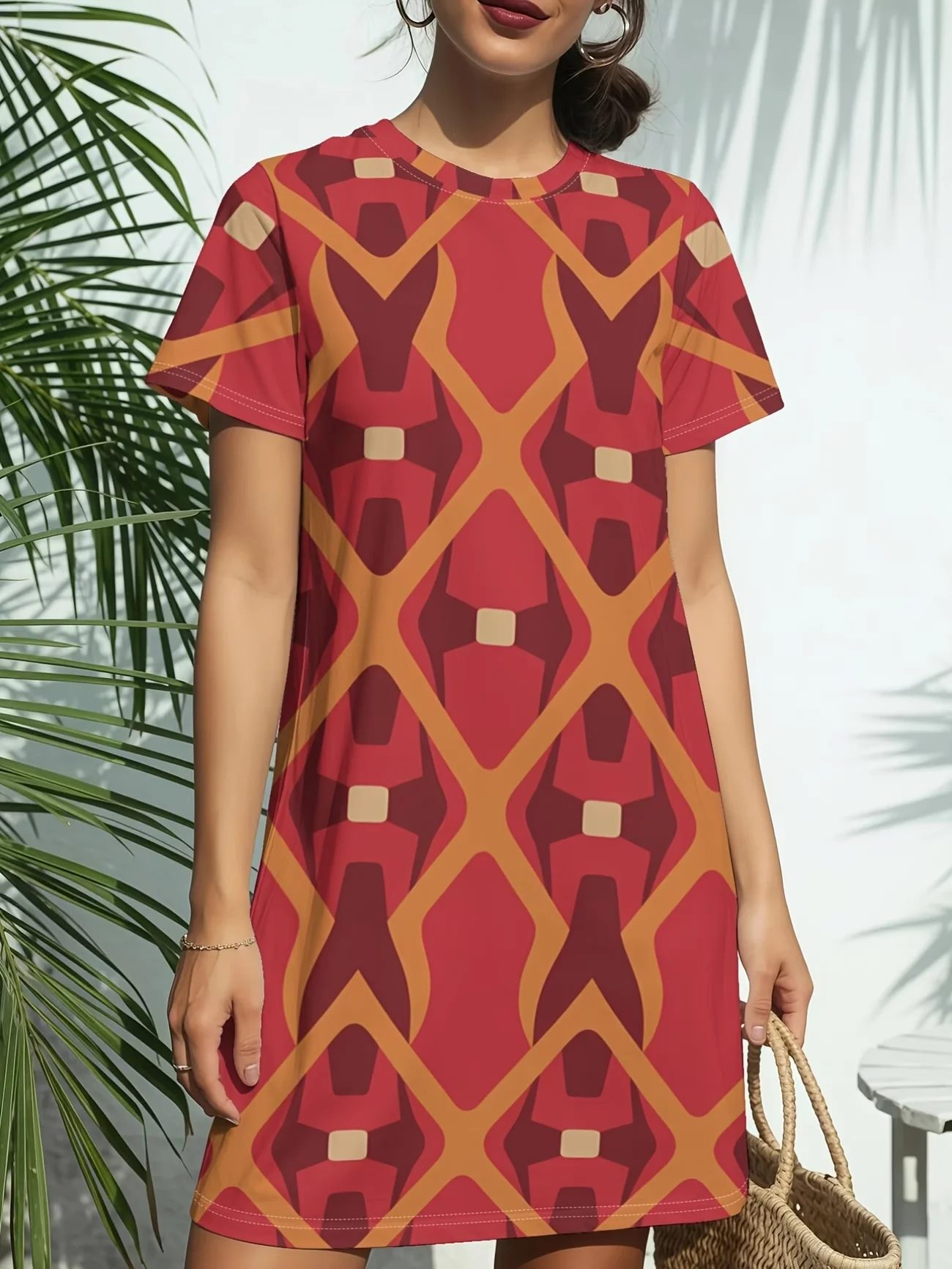 Summer women's short sleeve dress Retro geometric patterns Print Loose Casual A-Line Dress