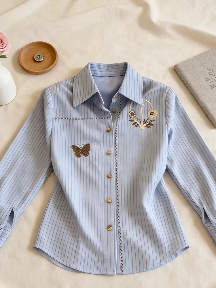 

Женская рубашка в корейском стиле с длинным рукавом и вышивкой, модный топ для офиса и повседневной носки, премиум-класс, весна 2026, новинка