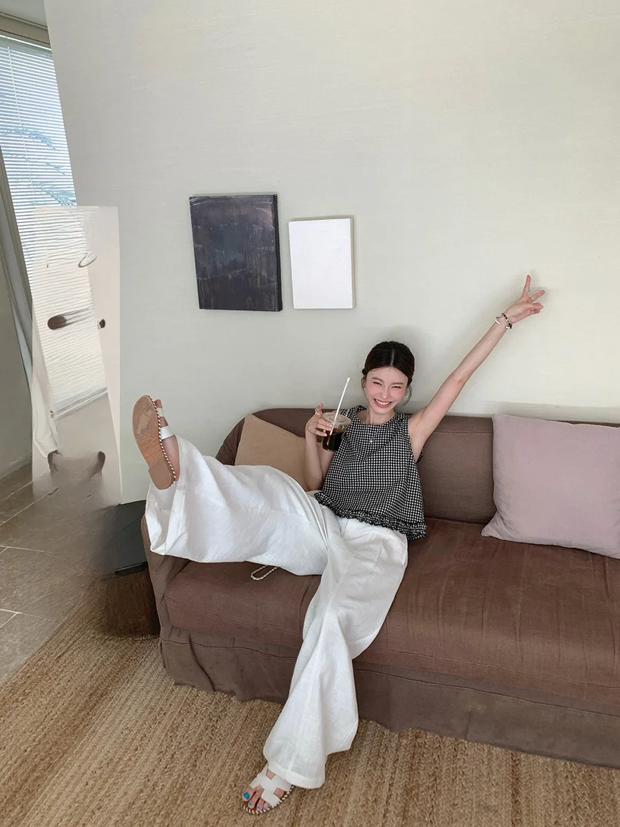 

Женский топ Ibell Zhang Baby Doll с круглым вырезом из льна и хлопка, с узором в клетку и оборками, в японском стиле