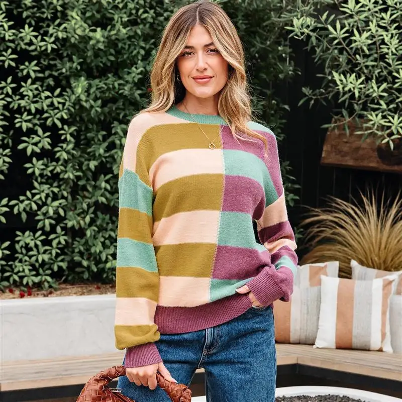 

Женский свободный длинный вязаный свитер-свеч с узором в полоску, летний модный повседневный топ, круглый открытый дизайн с разрезом