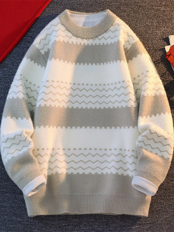 

Мужской зимний утепленный свободный свитер с круглым вырезом, повседневный универсальный базовый слой, с полосатым узором, теплый и комфортный