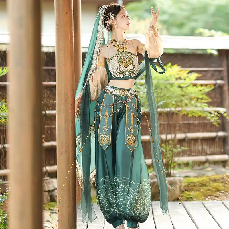 

2025 Flying Girls Green Hanfu Set Han Element Costume Tradition Clothes Dunhuang Maiden Princess Of Western Regions Dress Suit
