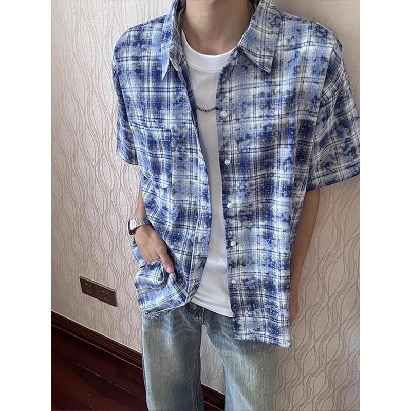 

Blue Tie Dye Plaid ort Sve Men's irt Summer American Retro Sun Protection Outerwear Cleanfit Couple's Loose Fit irt