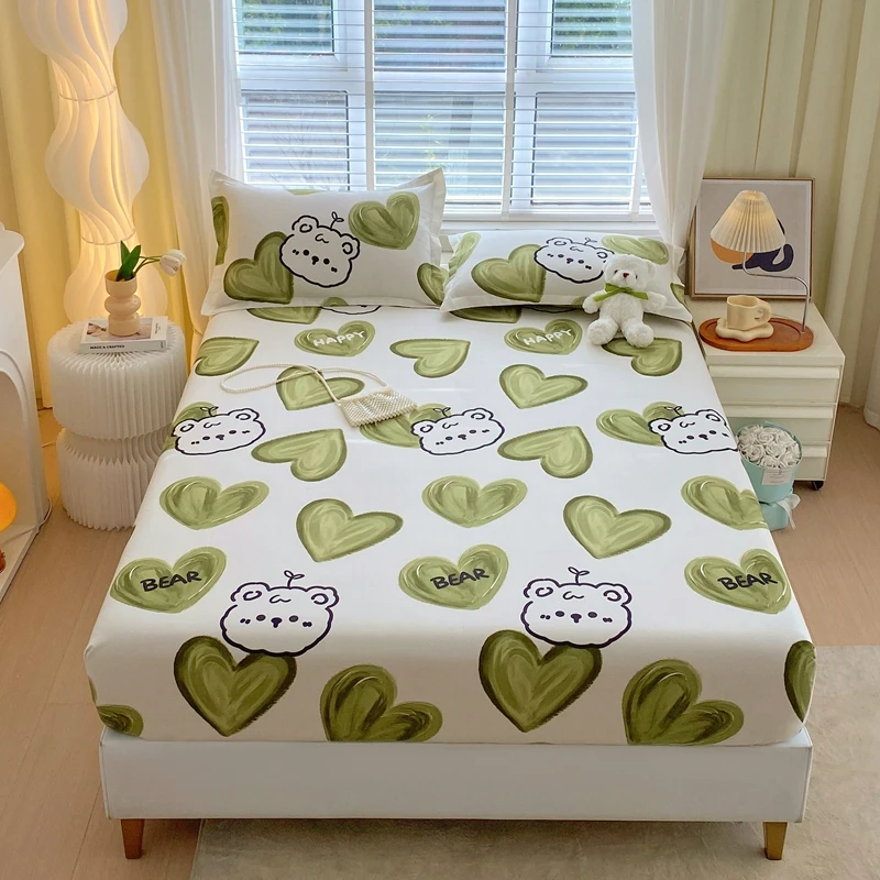 Green Love Heart Sheet Cartoon Bear Bedding Set Home Breathable Comfy Deep Pockets Sheet Polyester Bed Sheet and 2 Pillow Cases