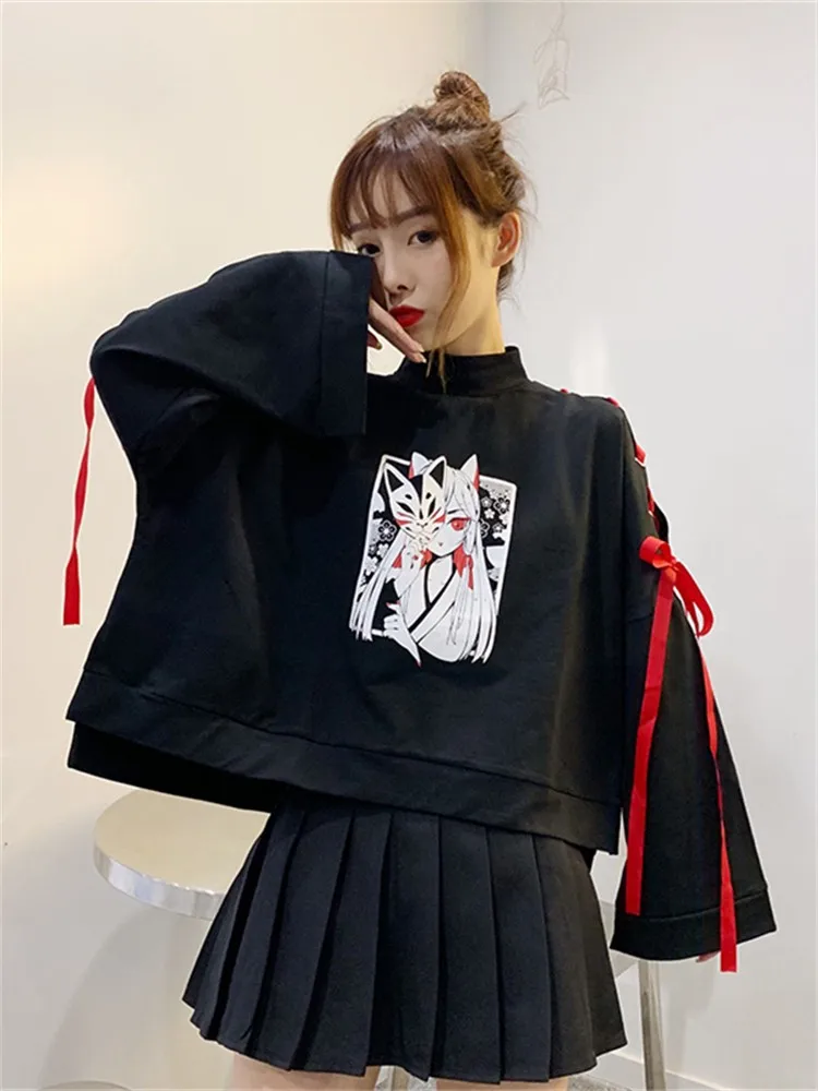 Black Short Sweatshirt Half High Collar Vintage Demon Fox Print Sweet Women Pullover Female Thin Crop Top Summer Spring Autumn