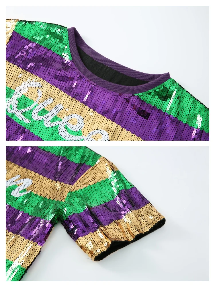 Robe t-shirt à paillettes reine de Mardi Gras, manches courtes, or, violet, vert, paillettes, robe de soirée pour femmes
