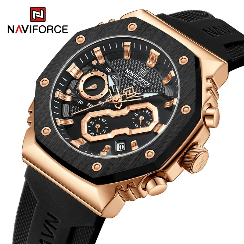 NAVIFORCE 2024 New Men\'s Watch Sports Silicone Strap Chronograph Military Quartz Wristwatches 3atm Waterproof High Quality Clock