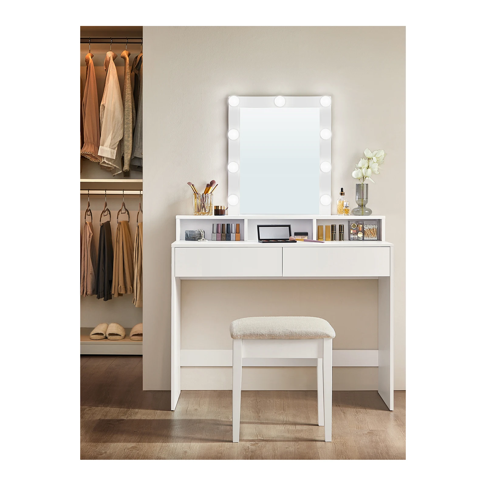 VASAGLE Dressing Table, LED Lights with Adjustable Brightness, Vanity Table with Mirror, 2 Drawers and 3 Compartments