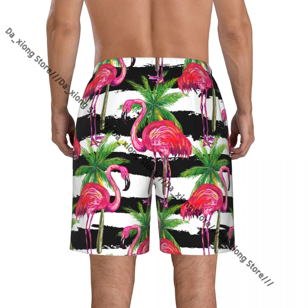 Strandkorte zwemshort voor heren Exotische roze flamingo Vogels en palmbomen Surfen Sport Boardshorts Zwemkleding