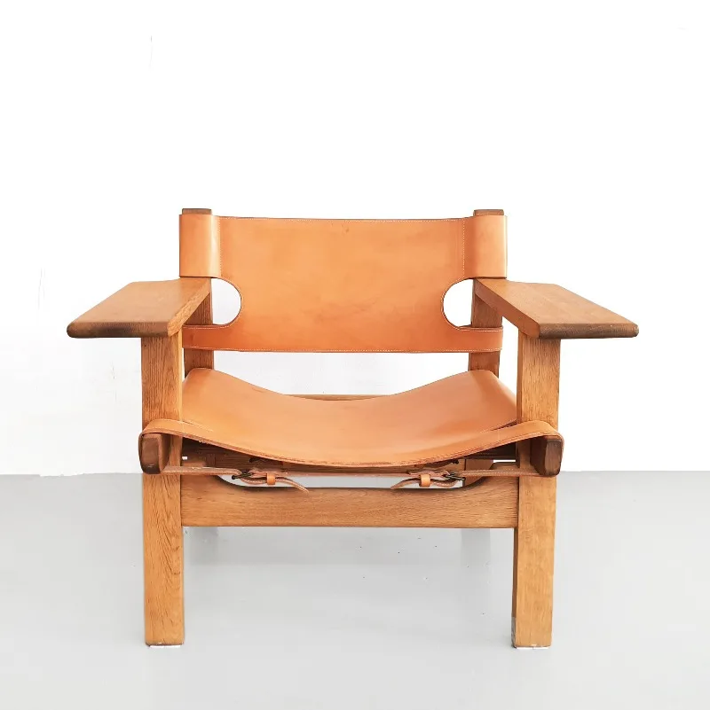 Spanish solid wood leisure retro style single sofa saddle leather designer living room balcony
