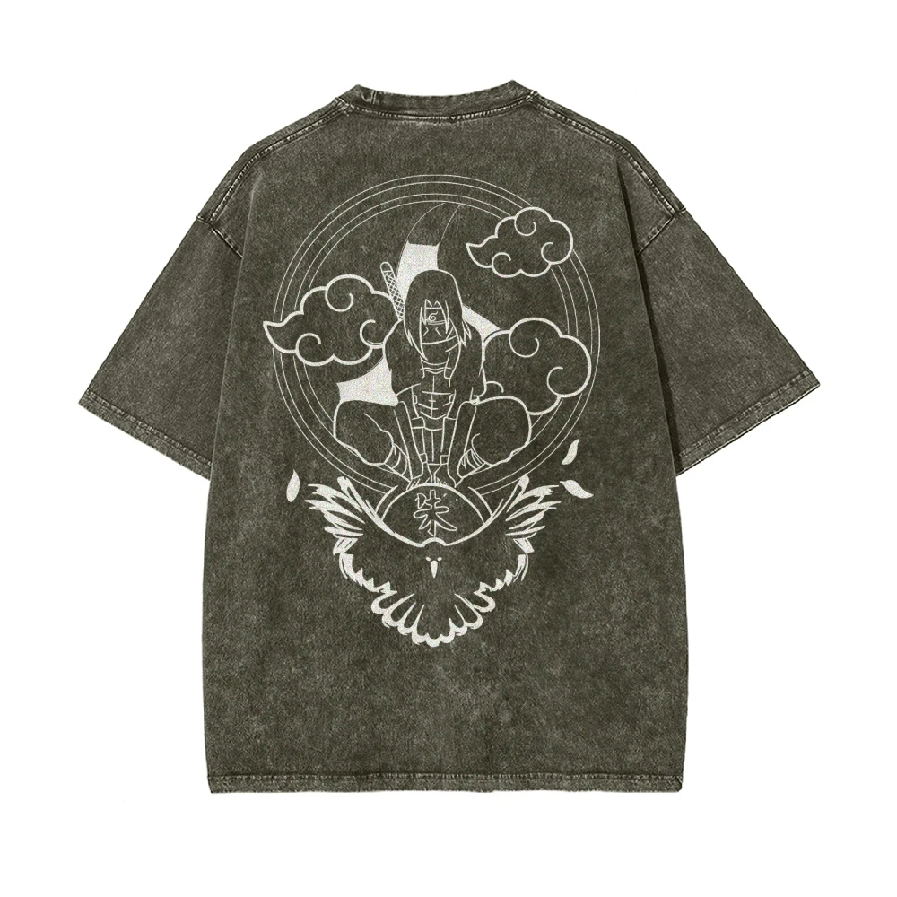 Line Hand-Painted Japanese Animation Character Printed T-Shirt Fashion Trend Shoulder-Washed Denim Retro Short Sleeves