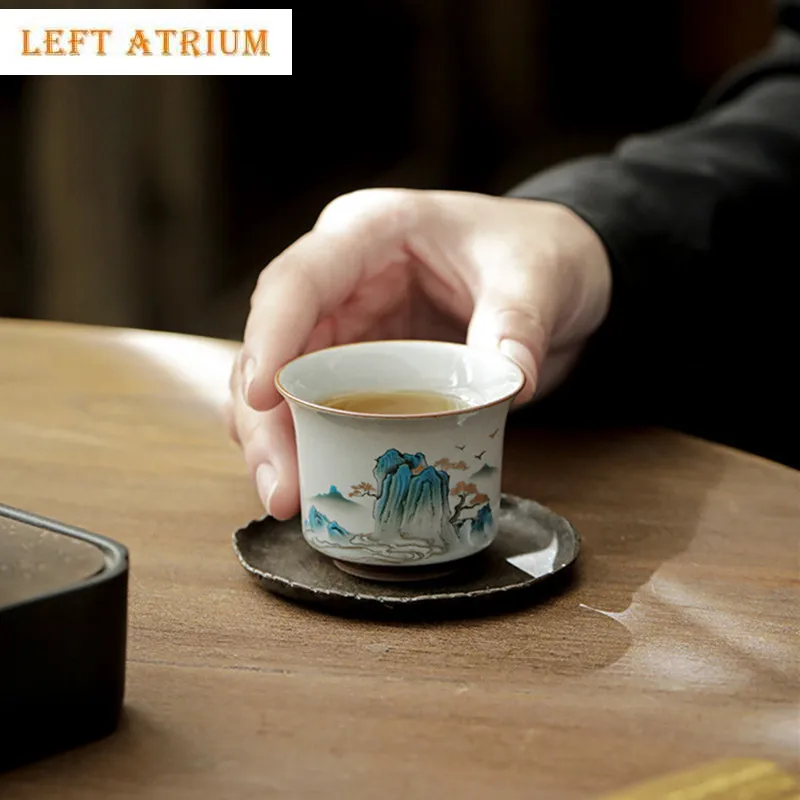1 Pcs Chinese Retro Ceramic Teacup Handmade Landscape Pattern Tea Bowl Travel Portable Master Meditation Cup Household Tea Set