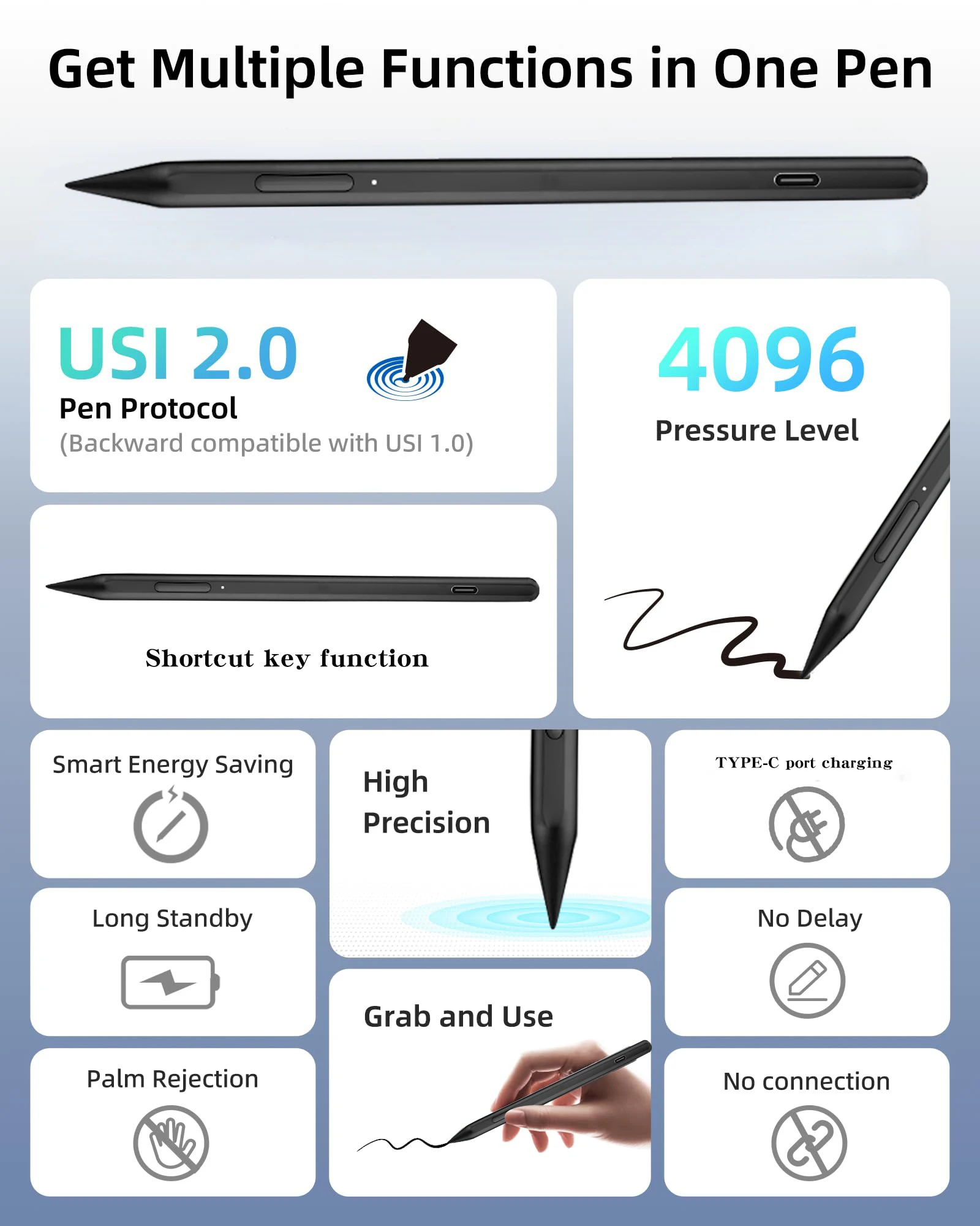 USI 2.0 Stylus Pen Palmar rejection for Chromebook 4096 Level Pressure for Lenovo Chromebook Duet, Asus chromebook C436, HP