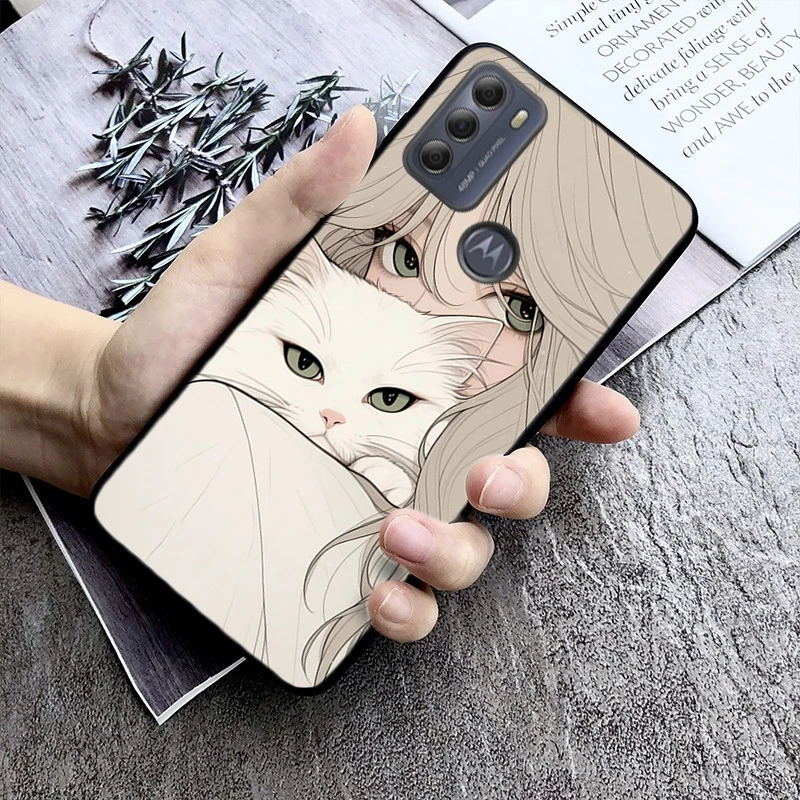 Anime Girl Woman Holding a Cat Phone Case For Moto G84 G22 G32 G42 G52 G62 G53 G72 G60 G60S G100 G10 G20 G30 G13 G50 G 5G G Pure