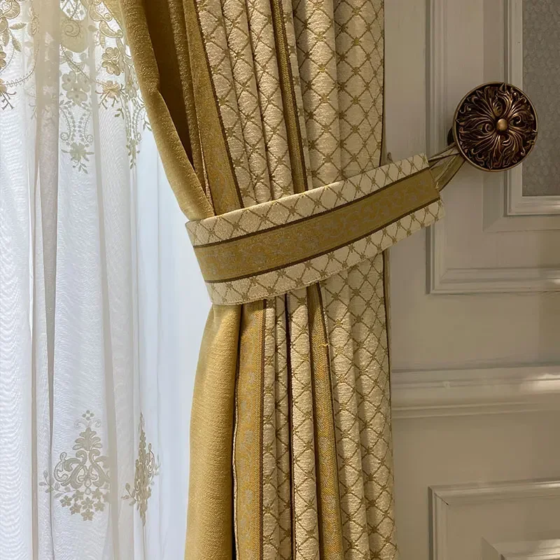 Plaid Jacquard Chenille Stitching Thickened Blackout Curtains For Living Room Bedroom Embroidered Yarn French Window Valance