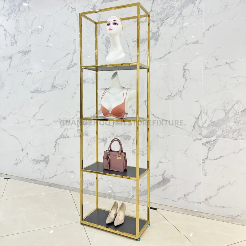 Custom  cosmetic store 4 layers product display shelves bags shoes shiny gold display stand shoes boutique rack shelf shop