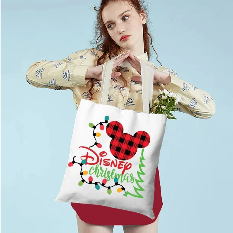 Disney Christmas Themed Pattern Torebki damskie z nadrukiem Dziewczęce płócienne składane torby na ramię Kobiece torby na zakupy na co dzień