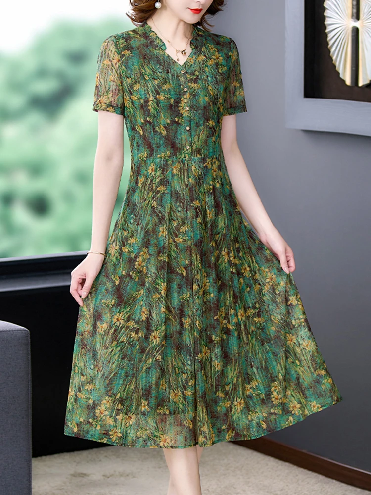 Women Korean Vintage Elegant Casual Party Vestidos Summer Floral Mesh Chiffon Midi Dress 2024 Fashion Light Bodycon Night Dress