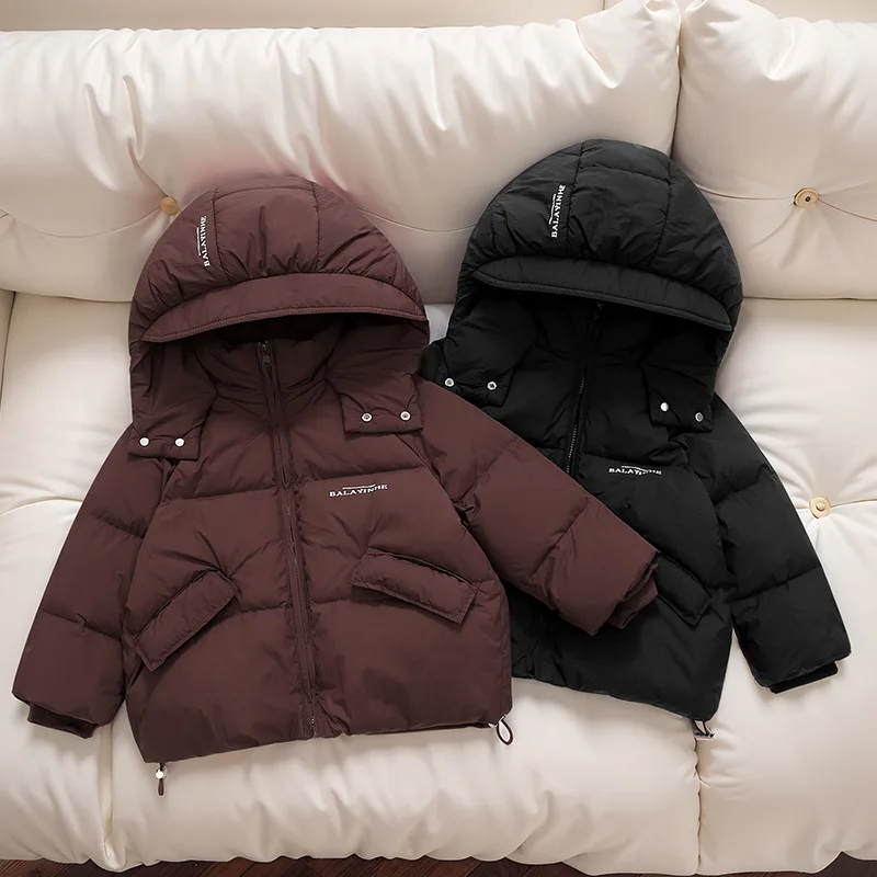 2024 Children Down Jacket Winter New Fashion Boys Girls Coat with Pocket Child Zipper Boutique  Loose Solid Color Clothing