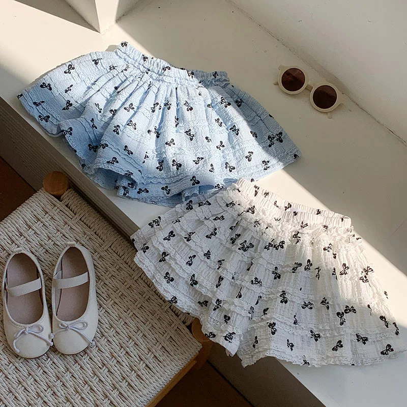 صيف جديد بنات الدانتيل ألف خط كعكة فضفاضة السراويل الطازجة القوس السراويل التخسيس نصف الجسم تنورة #3