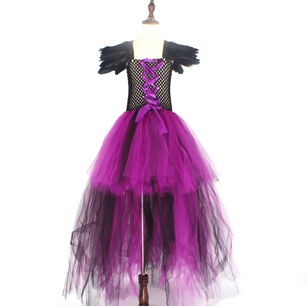 Kinder-Federkleid mit Schulterverzierungen, Gothisches Kleid für Mädchen, Lila-Schwarzes Netz-Tüllkleid für Halloween-Verkleidungspartys – Detail 17