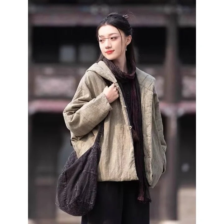 

Thiened Cotton Linen Jaet Dyed ort with Hood Traditional Chinese Sle Women's Winter Vintage Button up Cotton Coat