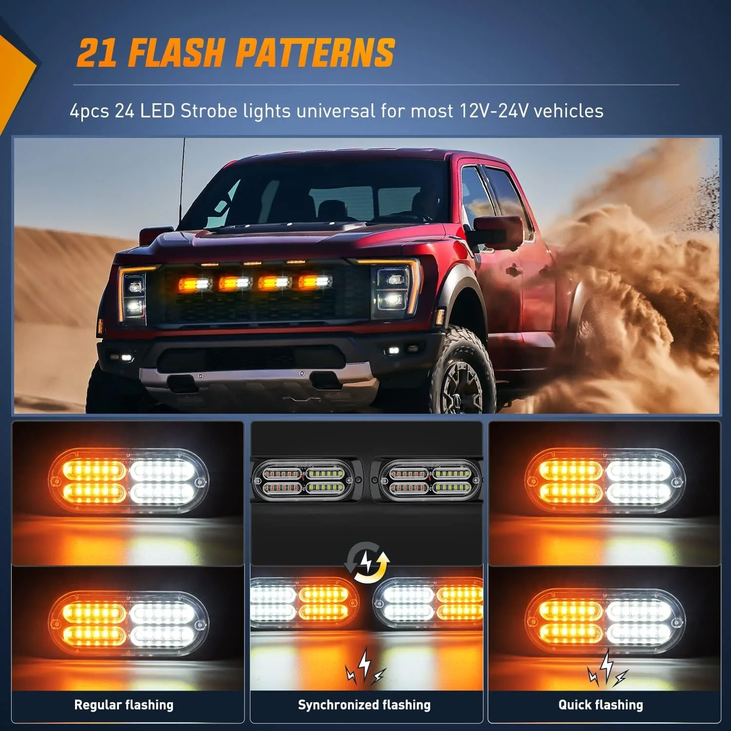 Nilight 4PCS 24LED Emergency Strobe Lights 12V 24V Amber White Surface Mount Hazard Safety Warning Sync Side Flash for Car Truck