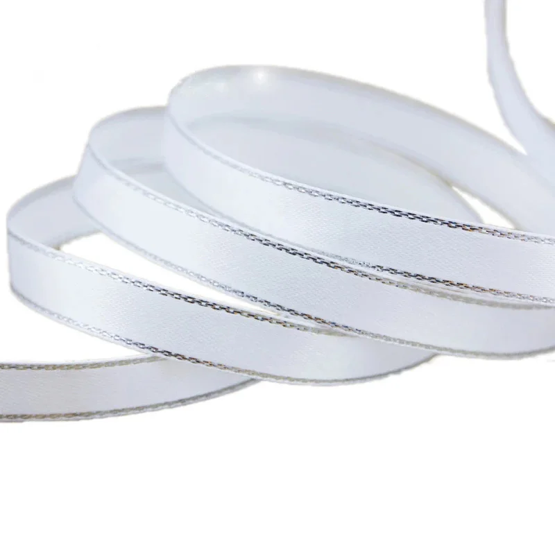 (25 Yards/roll) White Silver Edge Satin Ribbon Wholesale Gift Christmas ribbons Handmade DIY (6/10/25mm)Width