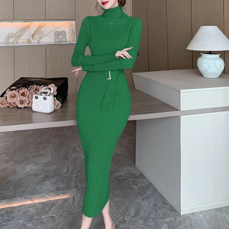 YuooMuoo Chic Fashion Sexy Package Hips Maxi Dress 2024 Jesienno-zimowa sukienka swetrowa z golfem i paskiem Lady Outfits Vestidos