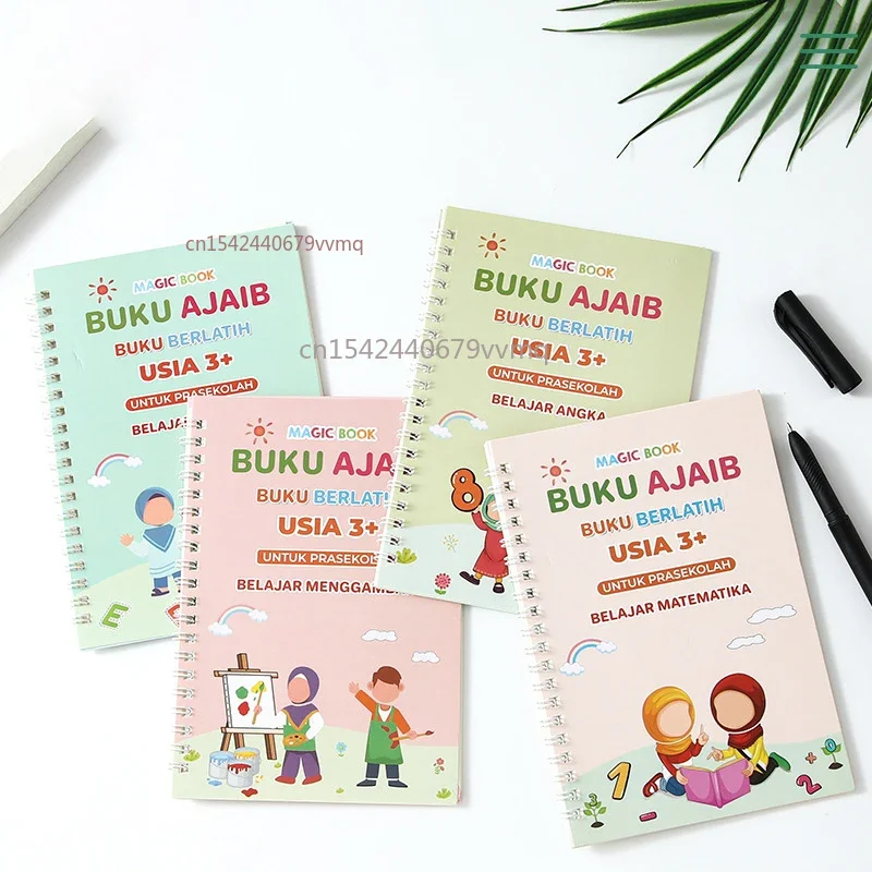 Reusable Indonesian Copy Book Learning Indonesian Letter Calligraphy Book Drawing Numbers Education for Kids Practice Writing