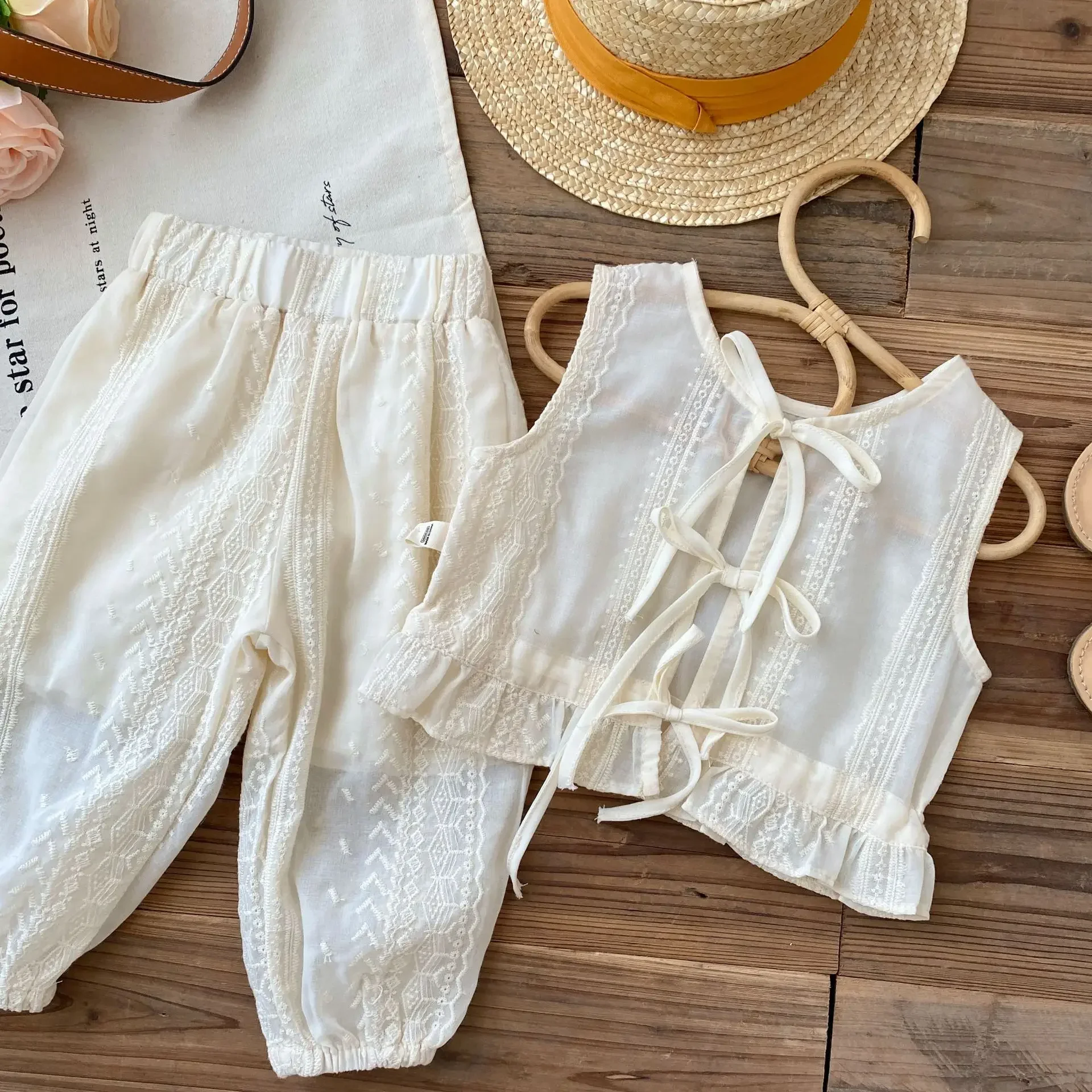 Girls' Clothing Set Summer New Children's Baby Cotton Linen Top and Pants Two Piece Set Girl's Summer Outfit