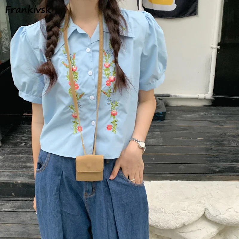 

Рубашки с цветочным принтом, женские универсальные рубашки с пышными рукавами и вышивкой, уличная одежда в консервативном стиле, Ulzzang, милые, молодежные, популярные, шикарные, уютные