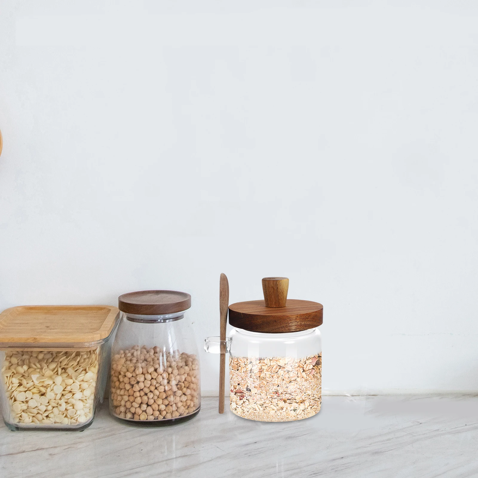 

Glass Jar Condiment Storage Containers Spice Holder Food Candy Spoon Wooden Seasoning Jars Glass Sealing Canisters Sugar