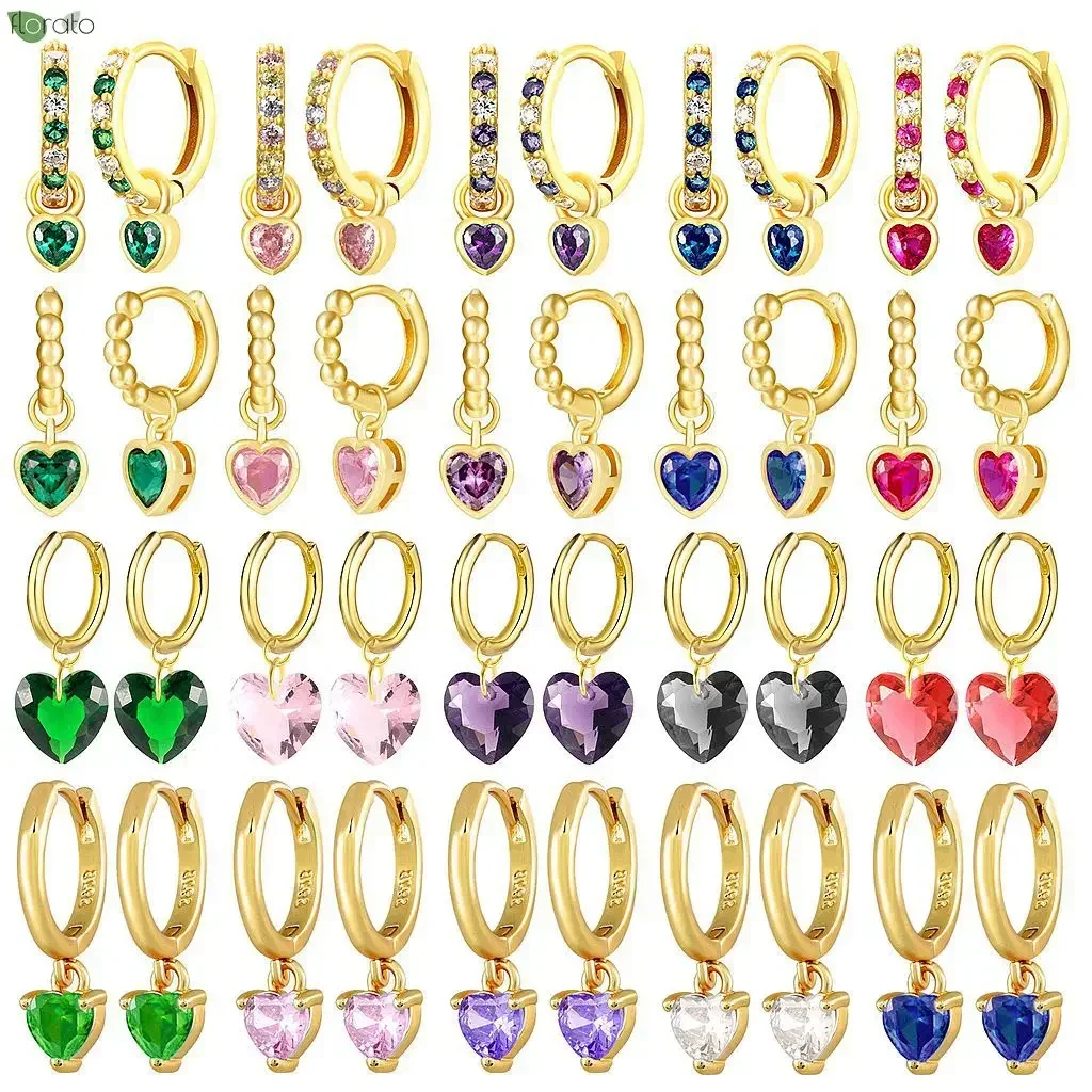 Pendientes de plata de ley 925 para mujer, aretes con colgante de corazón de cristal colorido, aretes de aro pequeños, joyería de tendencia, regalos