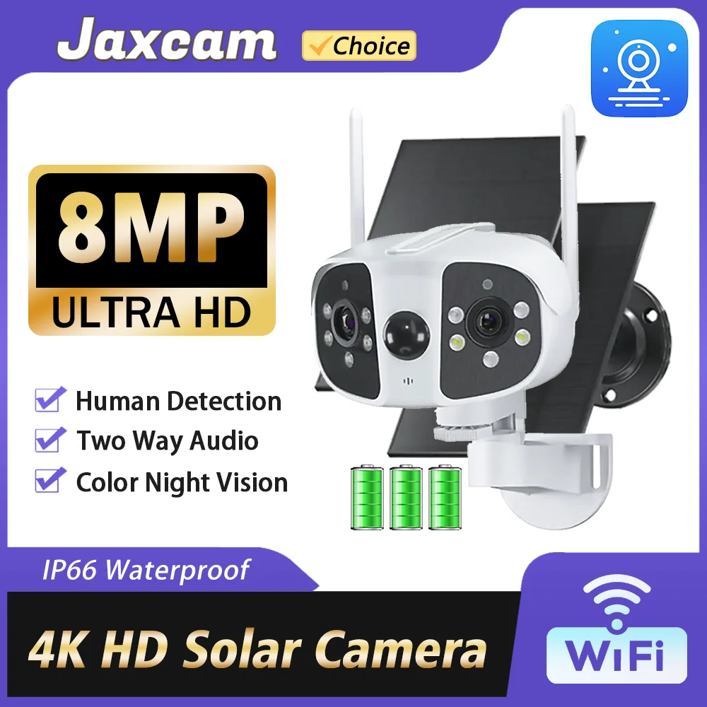 

8MP WiFi Solar Camera 180° Viewing Angle Dual Lens Outdoor Wireless Security Protection Rechargeable Battery Video Surveillance