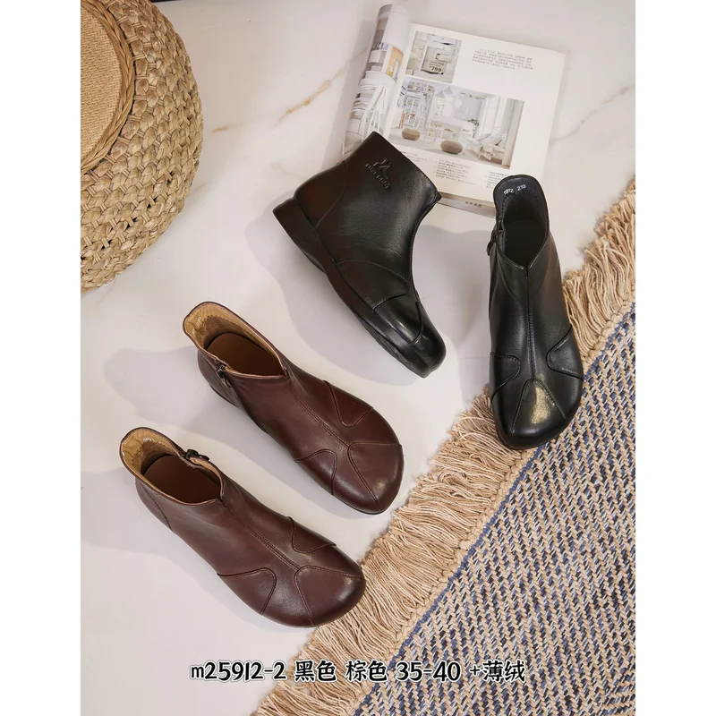 Autumn Winter Women Fashion Wedge Heel Ankle Boots Velvet Soft Cowhide Upper Fleece Lined Side Zipper Warm Leather Boots