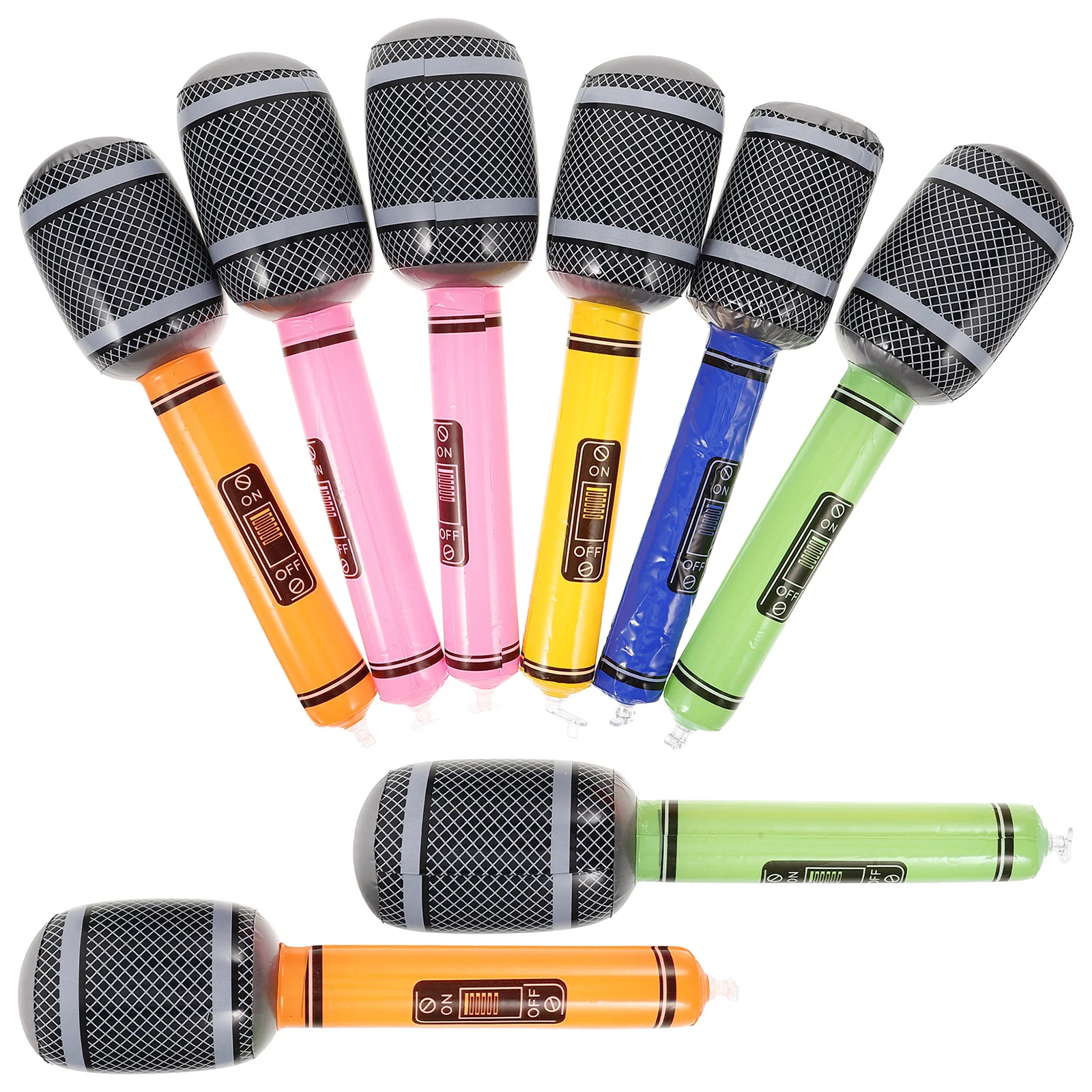 8個入りインフレータブルマイクセット、リアルな膨らませるマイク、パーティー用品、子供用音楽小道具、カラフルで楽しい、まとめ買い、カラフルな偽マイク
