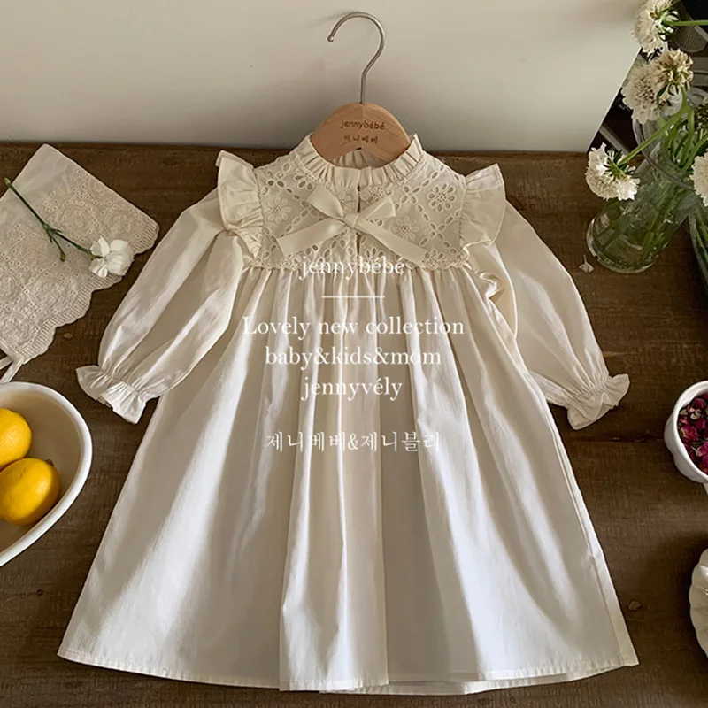 2024 New Spring European American Style Baby Girl Party Dress Long Sleeved Cotton Lace Splicing Kids Princess Dresses